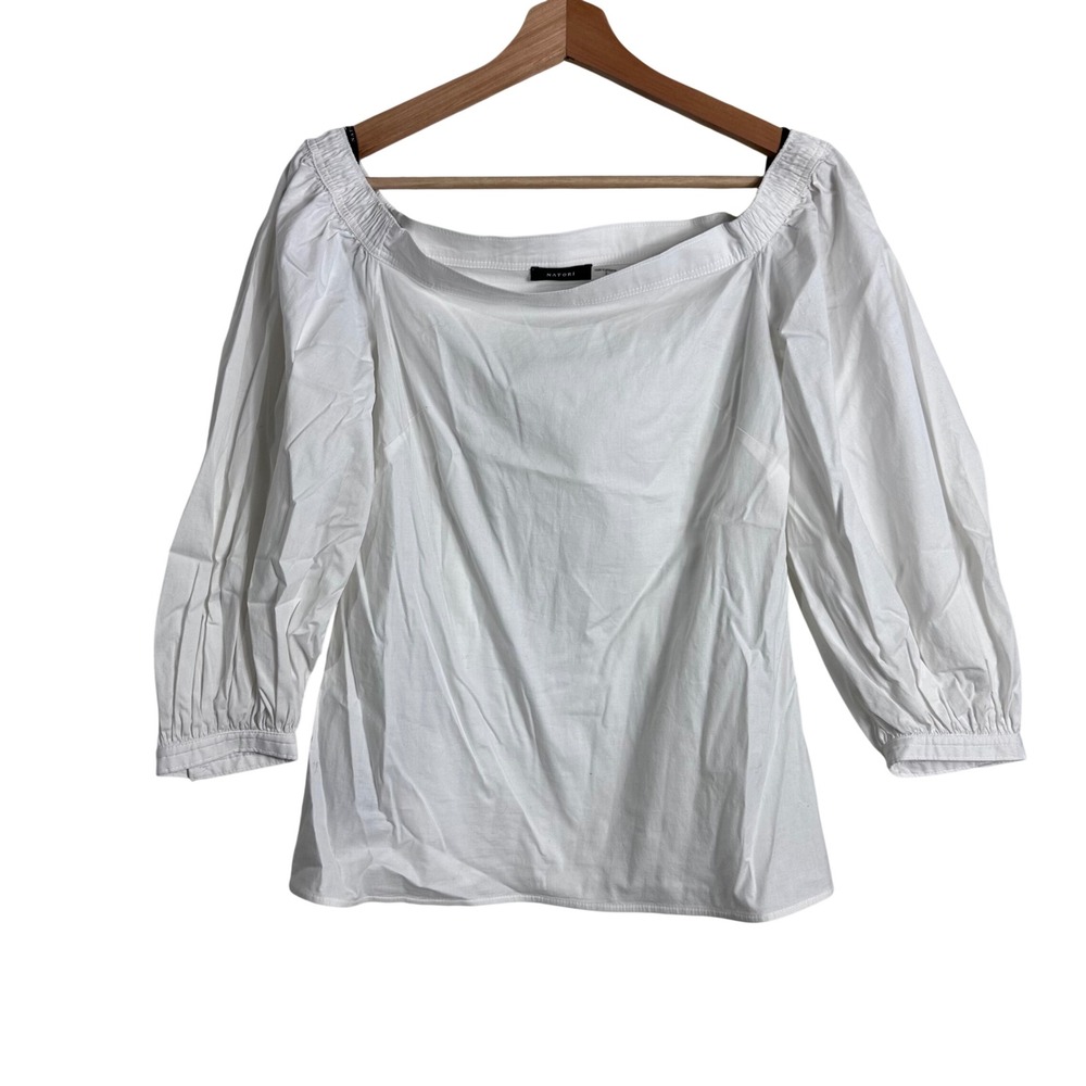Natori Womens White Off Shoulder Puff Sleeve Cotton Blouse Top Small 2750